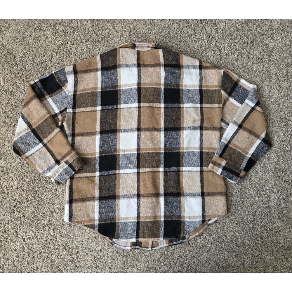 Brown Plaid Flannel Shacket Button Down Drop Shoulder Oversized Shirt Size L - Picture 2 of 8